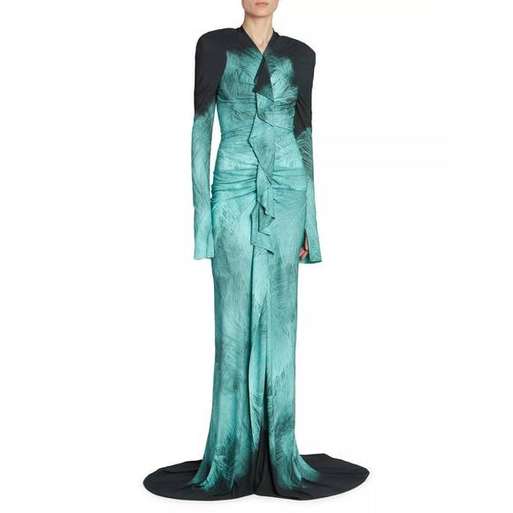 NEW VICTORIA BECKHAM printed fluid jersey a/o feather dress in teal/black